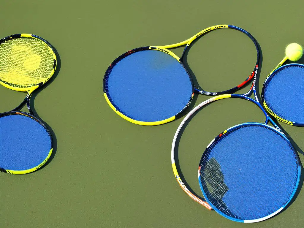 A group of four different tennis rackets, each with a different color, perfect for beginners, lined up on a tennis court.