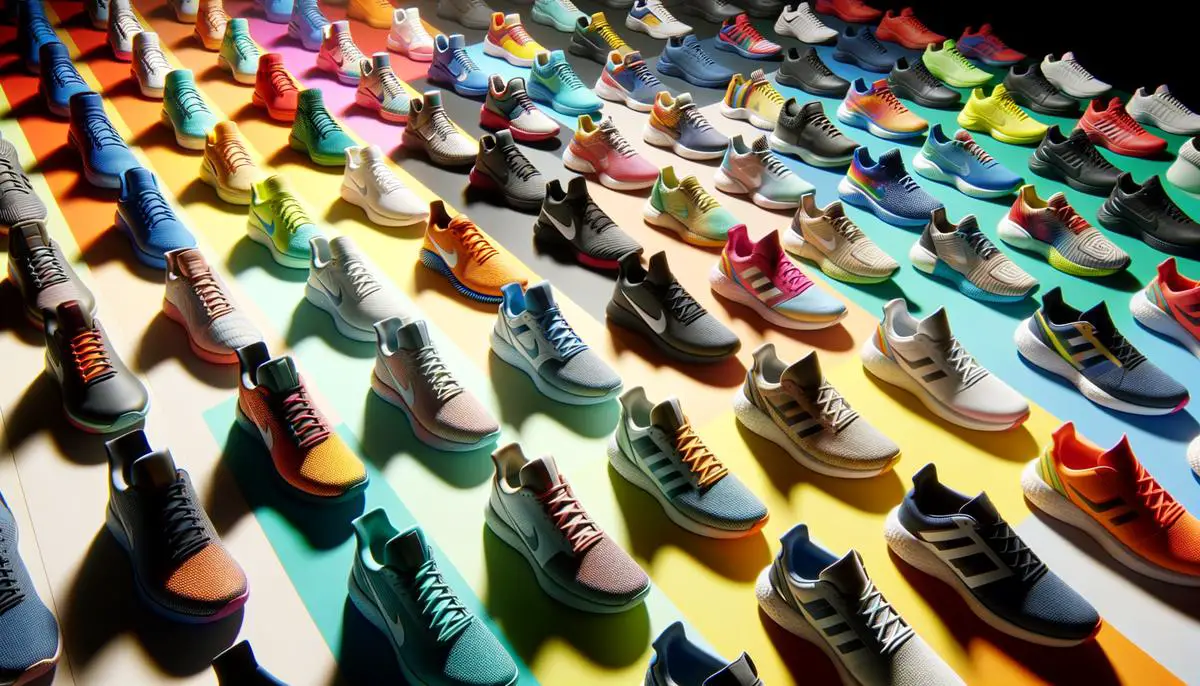 image of various tennis shoes lined up in a row, showcasing different styles and colors