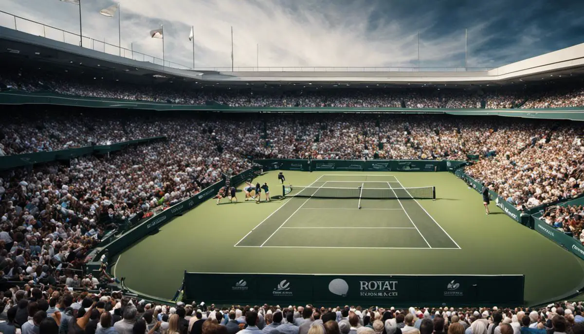 An image showing a tennis court with a large crowd in the background, representing the importance of marketing in tennis tournaments.