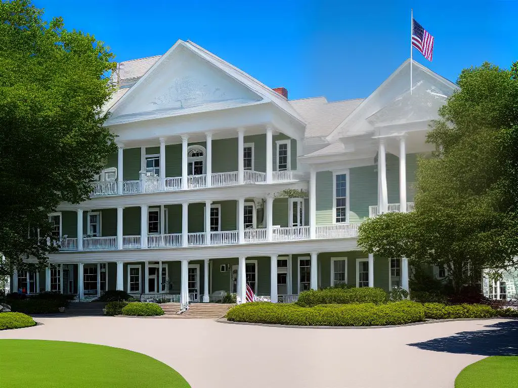 The image shows the exterior of the Tennis Hall of Fame, a historic building in Newport, Rhode Island.