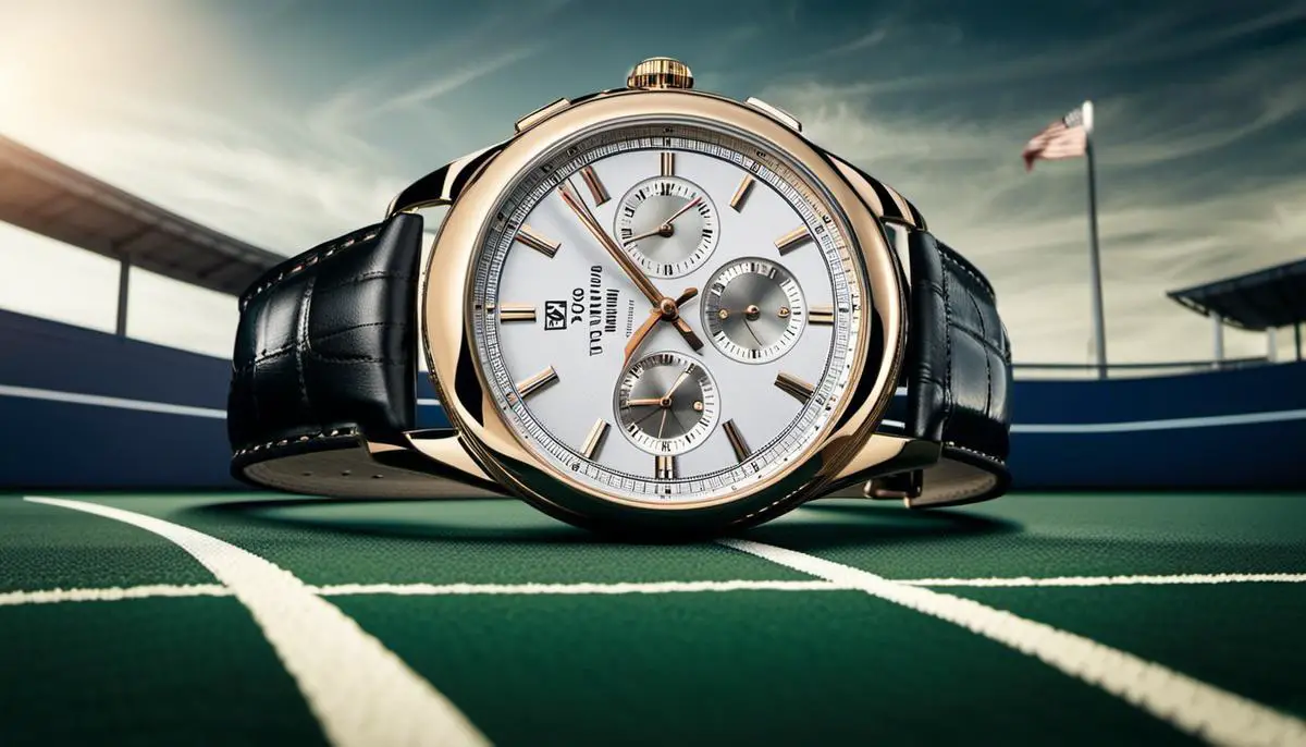 An image of a luxury watch on a tennis court